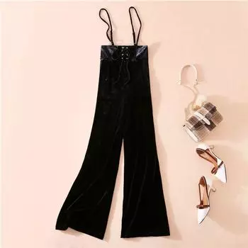 Slim Looking Adjustable High Waist Casual Pleuche Wide Leg Pants Black 2XL