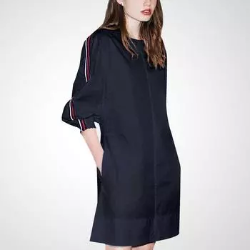 Slim Looking round Neck White Elegant Mid Length Long Length Dress Navy blue S