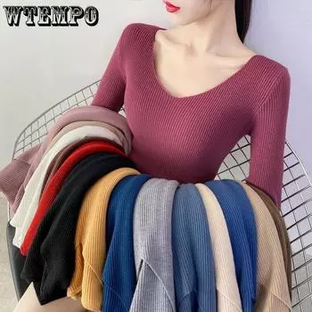 Узкий женский свитер с V-образным вырезом, универсальный, с длинными рукавами, базовый вязаный свитер, стильный топ-свитер для осени и зимы One Size белый