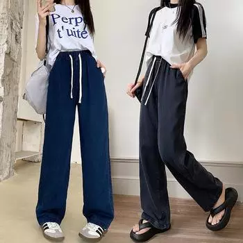 Slim Waist Casual Pants Elastic Waist Tencel Wide Leg Pants M синий