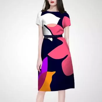 Slimming and Fashionable Fresh Leisure Commute Print Dress Rose Print# L014 L