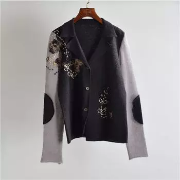 Slimming Embroidered Flower Mohair Patchwork Coat Sweater Women s Spring and Autumn Long Sleeve Thin Sweater Cardigan Top Black apricot flower M