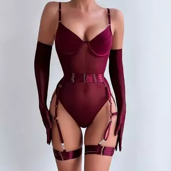 Slimming Three-Piece Lace-Up Lingerie Set with Gloves - Hot-Selling Sexy Style Small
