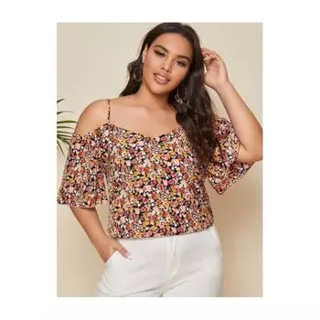 Слинг-вырез на плече с коротким рукавом Сексуальная рубашка с цветочным принтом и v-образным вырезом Свободная футболка Дышащая легкая модная плюс летняя рубашка Топ для пляжного отдыха L