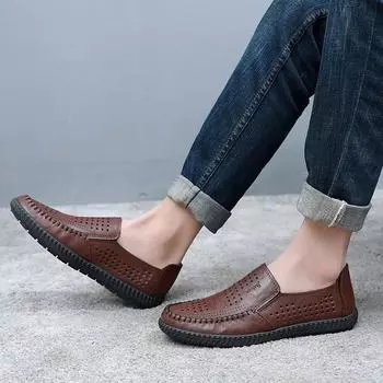 Slip On Loafers Man Handmade Sewing Summer Leather Shoes 2024 Breathable Men s Casual Soft Office Dress Moccasins 6 чёрный