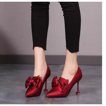 Slip-On Silk Bowknot Pumps Women Sexy Pointed Toe Stiletto Heels Party Shoes Woman Black Red Super High Heel Pumps Ladies 8.5cm 35 чёрный