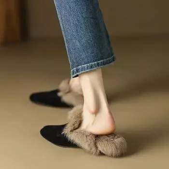 Slip On Simple Shoes Верхняя одежда Женская теплая обувь мюли Натуральная замша Плоская обувь для женщин ТапочкиМюли Женские меховые тапочки на плоской подошве 35 чёрный