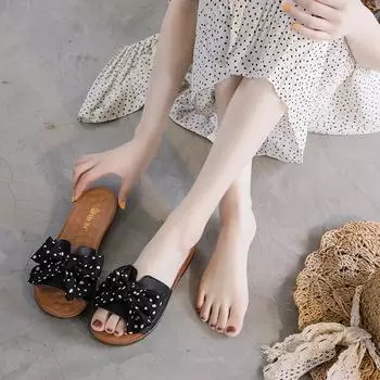 Slippers 2024 Summer Fashion Sandals Shoe Women Bow Summer Sandals Slipper Indoor Outdoor Flip-flops Beach Shoes Female Slippers 35 бежевый