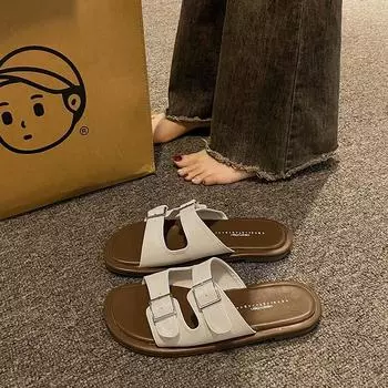 Slippers Casual Beach Shoes Slippers Women s Low Luxury Wooden Shoes Summer 2024 New Fashion Solid Color Sewing Casual 35 хаки