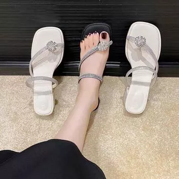 Slippers female outer wear new summer thick heel cover toe beach fairy wind pigeon egg rhinestone with skirt sandals 35