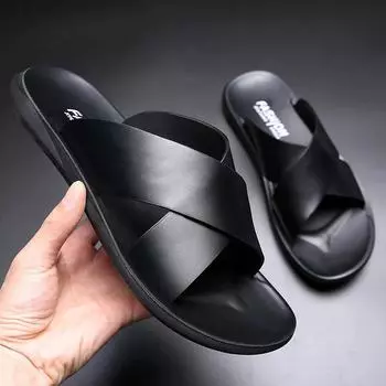 Slippers for Men Genuine Leather Luxury Brand Fashion 2024 Men Flats Casual Non-slip Soft Sole Beach Sandalia Sapatos Masculinos 38 чёрный