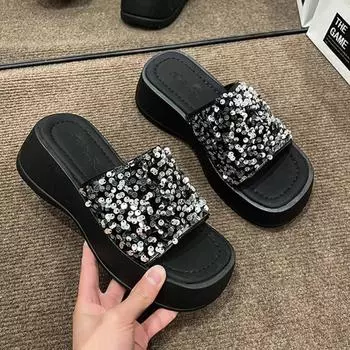 Slippers for Women Outdoor Fashion Beach Shoes New Flat Slipper Sequin Sandal Fashion Ladies Flip Flops 2025 Summer Women Slides 35 чёрный