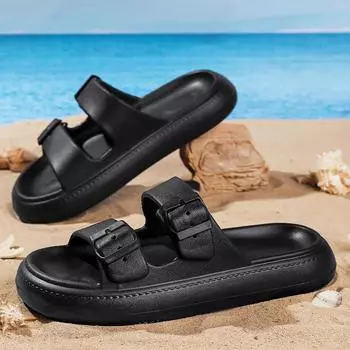 Slippers Man Shoes Men Slides Mens Double Buckle Pillow Sandals Men Slipper Casual Flat Sandal Home Bathroom Non-slip Flip Flops 40 чёрный