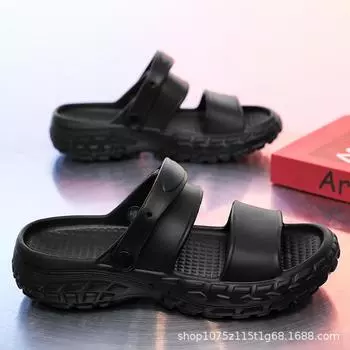 Slippers men s new thick bottom solid color simple one-word drag indoor non-slip beach cool slippers can be 40-41 чёрный