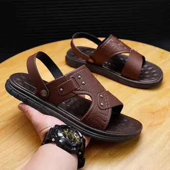 Slippers men s summer new leaking toe sandals leather crocodile pattern sandals integrated casual fashion beach men s shoes 38 коричневый