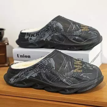 Slippers Men Winter House Shoes Round Toe Flat Slip-on Fashion Comfortable Elastic Waterproof Non-slip Plus Velvet Keep Warm 38-39 чёрный