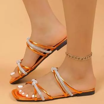 Slippers shoes 2024 summer new fashion beach shoes outer wear square head rhinestone color matching low heel 36 золотой