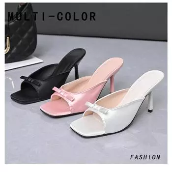 Slippers spring and autumn new bow high-heeled slippers simple large size women s shoes 35