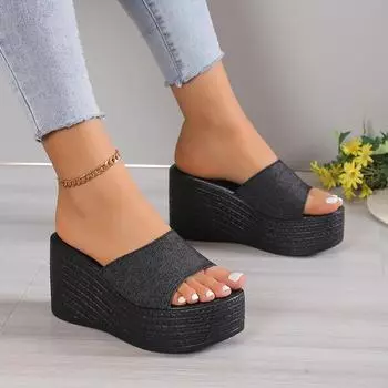 Slippers Summer 2024 New Women Sandals Wedges Platform Beach Flip Flops Trend High Heels Ladies Shoes Pumps Thick Slides Mujer 34 чёрный