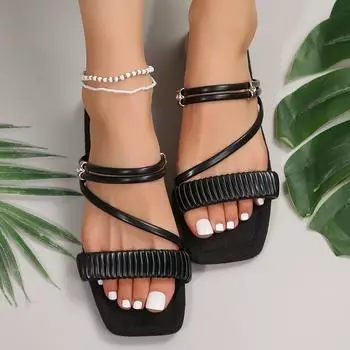 Тапочки, сандалии женские, лето 2024, новые красивые плоские туфли сказочного стиля, французские простые женские пляжные туфли 36 чёрный