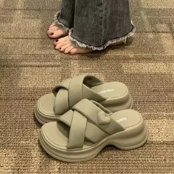 Тапочки Носить Лето Женская Новая Мода Ретро Удобная Платформа Пляжная Обувь 35 чёрный