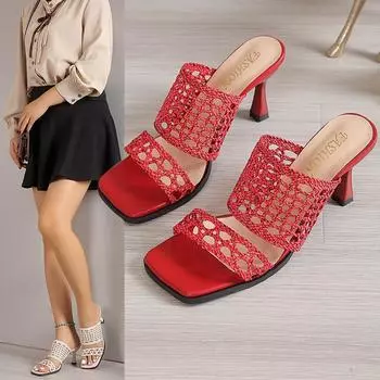 Тапочки женские 2024 новые сандалии с квадратным носком женские туфли на шпильках туфли на высоком каблуке однотонные летние женские дизайнерские тапочки 34 бежевый