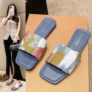 Slippers Women 2024 Open Square Toe Slides Fashion Outdoor Beach Casual Sandals Korean Version Sole Soft Shoes Chanclas Mujer 35 синий