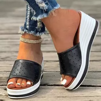 Slippers Women Plus Size Wedges Summer New Fish Mouth Sandals Lightweight Slope Heels Beach Flip Flops for Female Basic Chinelos 36 чёрный
