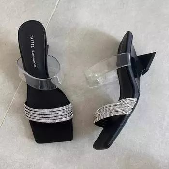 Slippers women s fashion 2025 new summer women s shoes medium heel thick heel crystal transparent word with women s cool slippers 35