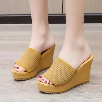 Slippers women s fashion outer wear summer new women s slope heel sandals thick bottom high heel muffin bottom one word 35