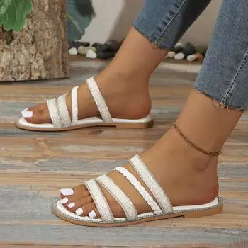 Тапочки женская верхняя одежда лето 2024 новые плетеные простые повседневные однотонные сандалии на плоской подошве большого размера пляжные сандалии 36 чёрный