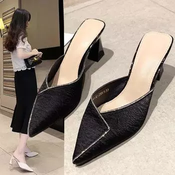 Slippers women s outer wear 2024 summer new fashion pointed head shallow mouth bag head half slippers women s thick heel temperament women s shoes 34 бежевый