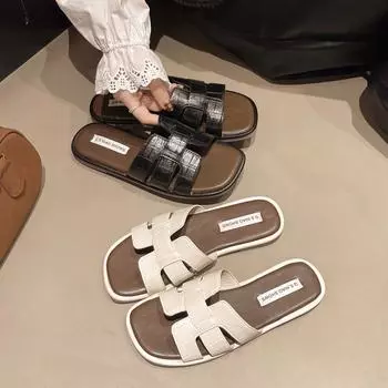 Slippers women s outer wear 2025 new ins trendy spring summer cool slippers fashionable beach versatile flat bottom one-word 35 чёрный