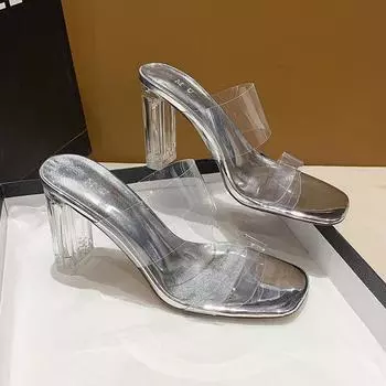 Slippers women s outer wear 2025 summer new simple fashion transparent high heel one-word drag crystal thick heel cool slippers tide 35