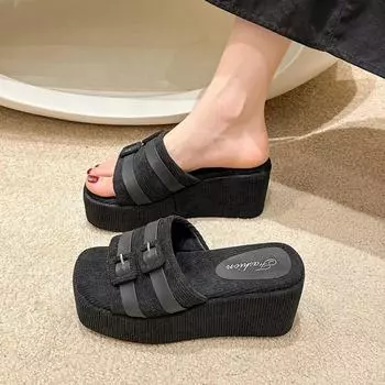 Slippers women s outer wear spring new temperament women s shoes square buckle muffin thick sole one-word drag 35