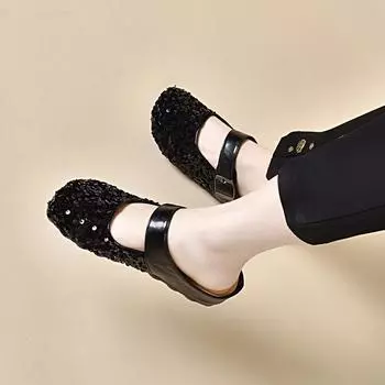 Slippers women s outer wear summer new personalized bag head half drag sequins belt buckle lazy loafer slippers 34