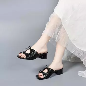 Slippers women s outer wear summer square head open-toed bow sandals thick heel high-heeled women s slippers 34