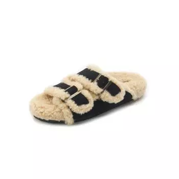 Slippers women s outer wear winter 2025 new fashion versatile belt buckle soft leather comfortable plush thick bottom fluff mop 35