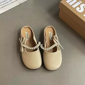 Slippers women s spring new soft-bottomed pearl bow outer wear bag head half slippers 35