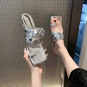 Slippers women s summer 2025 new rhinestone outer wear thick heel square head cool slippers women s versatile sequins toe sandals women 35