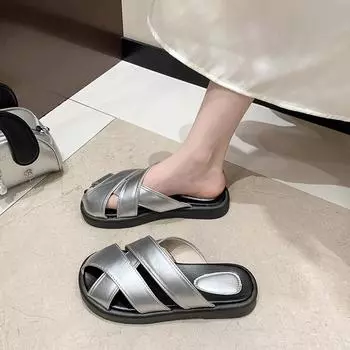 Slippers women s summer 2025 new Roman woven bag head half slippers women s flat-bottomed lazy one-pedal sandals women 35 чёрный