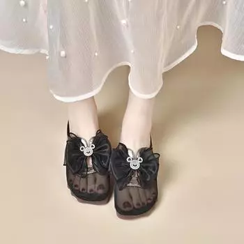 Slippers women s summer outer wear bow mesh round head bag head half slippers flat-bottomed loafers lazy shoes 34