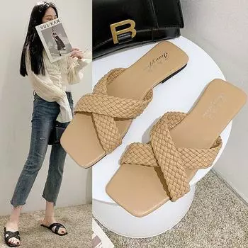 Slippers women s summer outer wear ins tide 2025 new fashion Korean version woven cross flat bottom one word cool slippers 35 чёрный