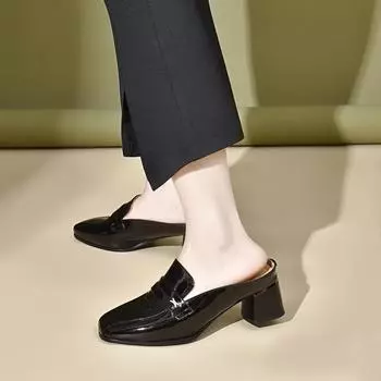 Slippers women s summer outer wear square head thick heel bag head half drag simple temperament high heel slippers leather sandals 34