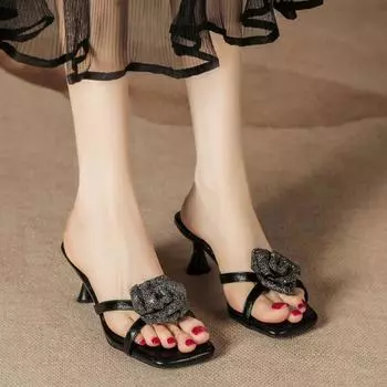 Slippers women s summer wear silver thin heels new square head cool slippers with skirts comfortable shoes 35