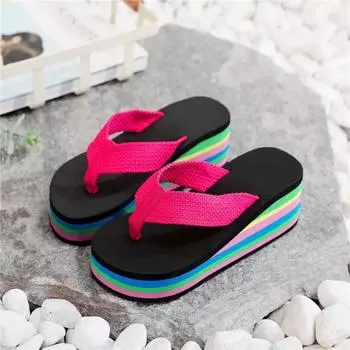 Slippers Women Summer Rainbow Thick Soled Sandals Colorful High Heels Outside Casual Beach Flip Flops Women Chanclas Mujer EVA 37