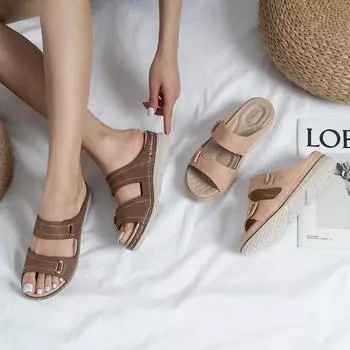 Slippers Women Summer Retro Casual Slippers Women Elegant Low Heels Sandals Summer Slippers Zapatos Mujer Wedge Slides Female 36 абрикосовый