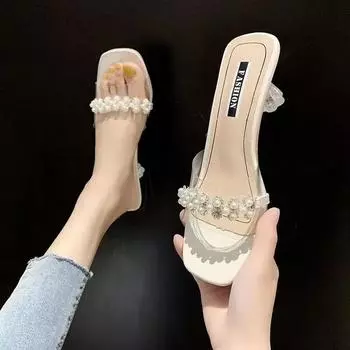 Slippers women wear European and American thick heels medium heel fashion transparent one-word drag women s versatile slippers women s trendy summer c 34