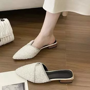 Slippers women wear new fashion pointed head bag head half drag summer versatile thick heel shoes tide 35