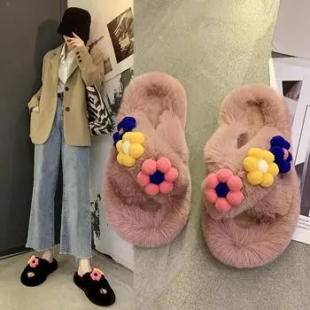 Slippers Women Winter Cute Fluffy Fur Slipper Flower Home Slides Platform Flat Indoor Floor Flip Flops Women Ladies Shoes 2024 35